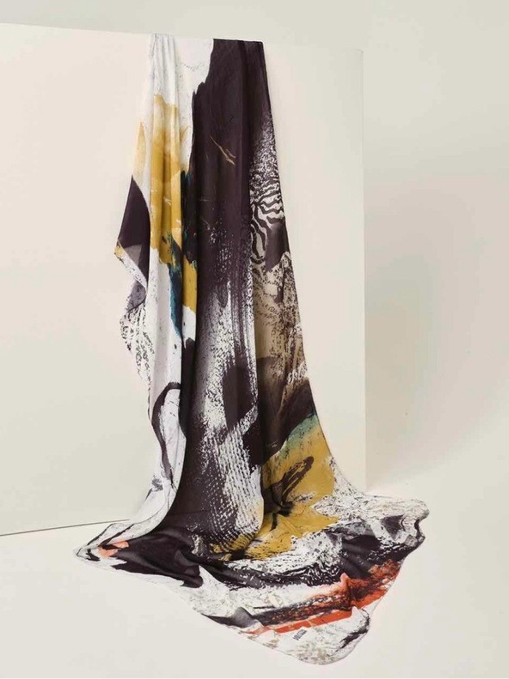 Abstract Print Lightweight Wrap Scarf in Mustard, Black & White